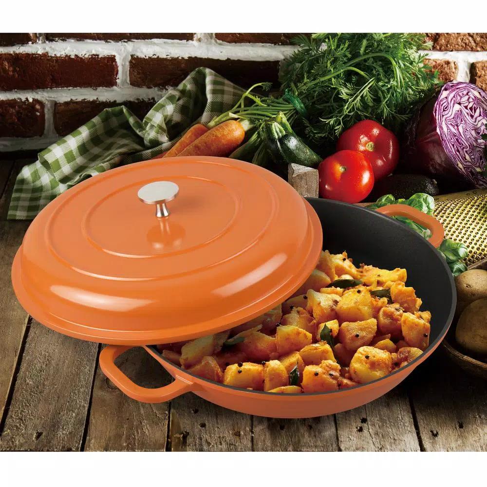 MasterPan 3 Qt. Round Cast Aluminum Nonstick Casserole Dish with Lid, Orange