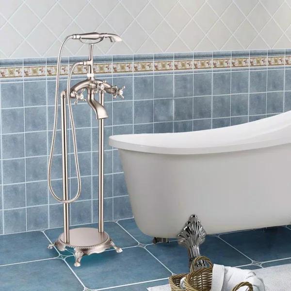Vanity Art 40 in. Freestanding Single-Handle Claw Foot Tub Faucet with Hand Shower, Brushed Nickel