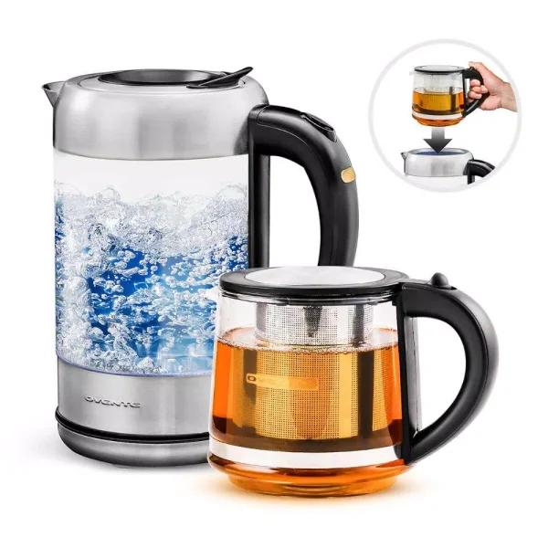 Ovente KG612S 1.7L Glass Electric Kettle with ProntoFill Technology and Reusable Teapot Infuser, Silver