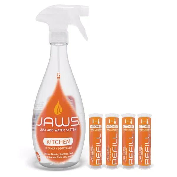 JAWS Kitchen Cleaner-Degreaser Spray Bottle with 4 Concentrated Refill Pods, 27 oz.