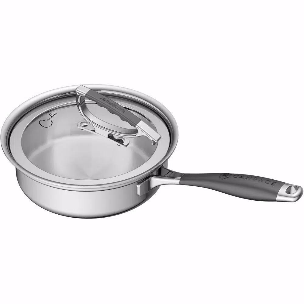 CookCraft by Candace 1.25 qt. Tri-Ply Stainless Steel Saute Pan with Patented Latch Glass Lid