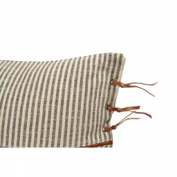 3R Studios Black & Beige Striped Cotton Ticking Lumbar Throw Pillow with Leather Trim, 24 x 16 in. thumbnail 7