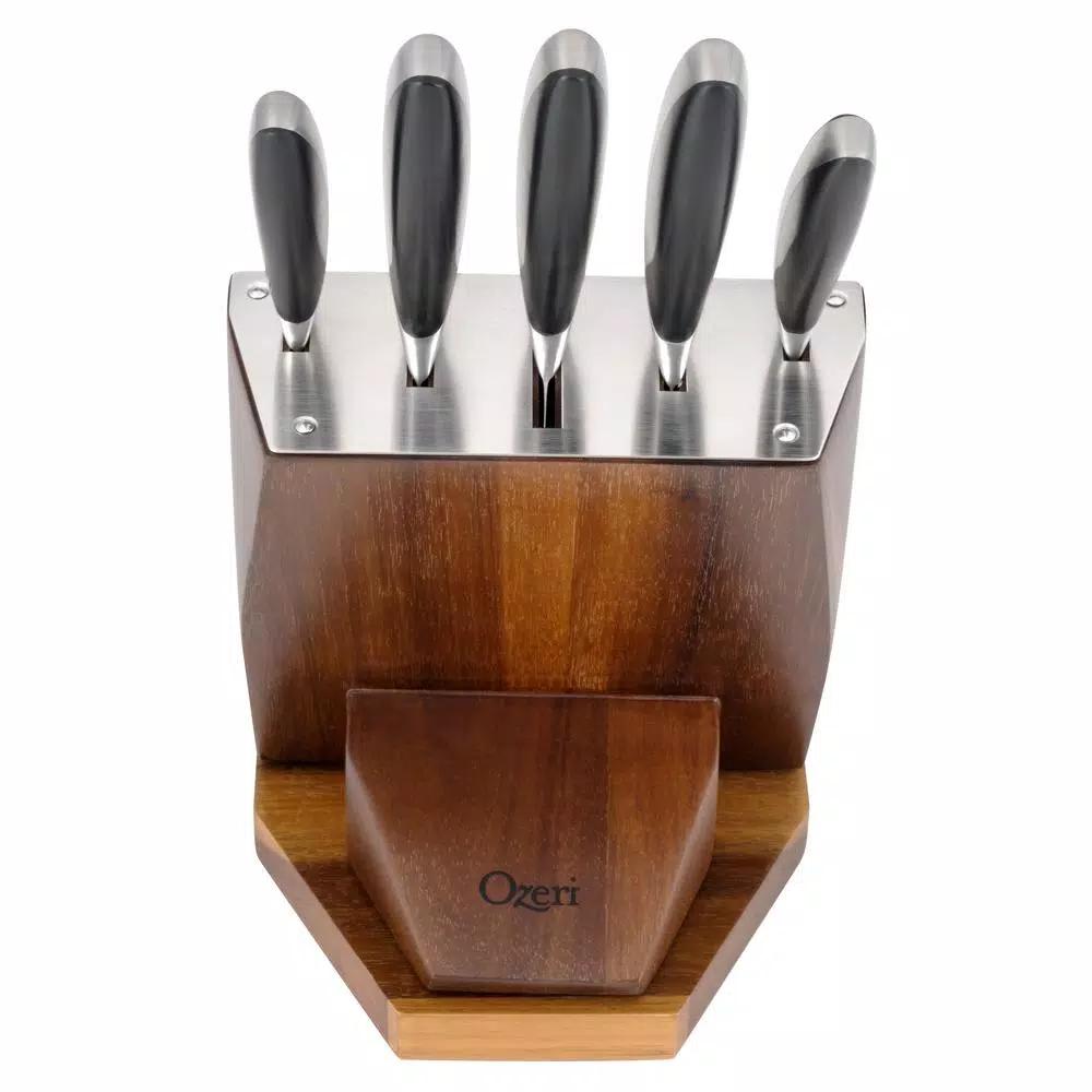 Ozeri 6-Piece Japanese Stainless Steel Knife Set with Rotating Acacia Wood Block and Tablet Holder
