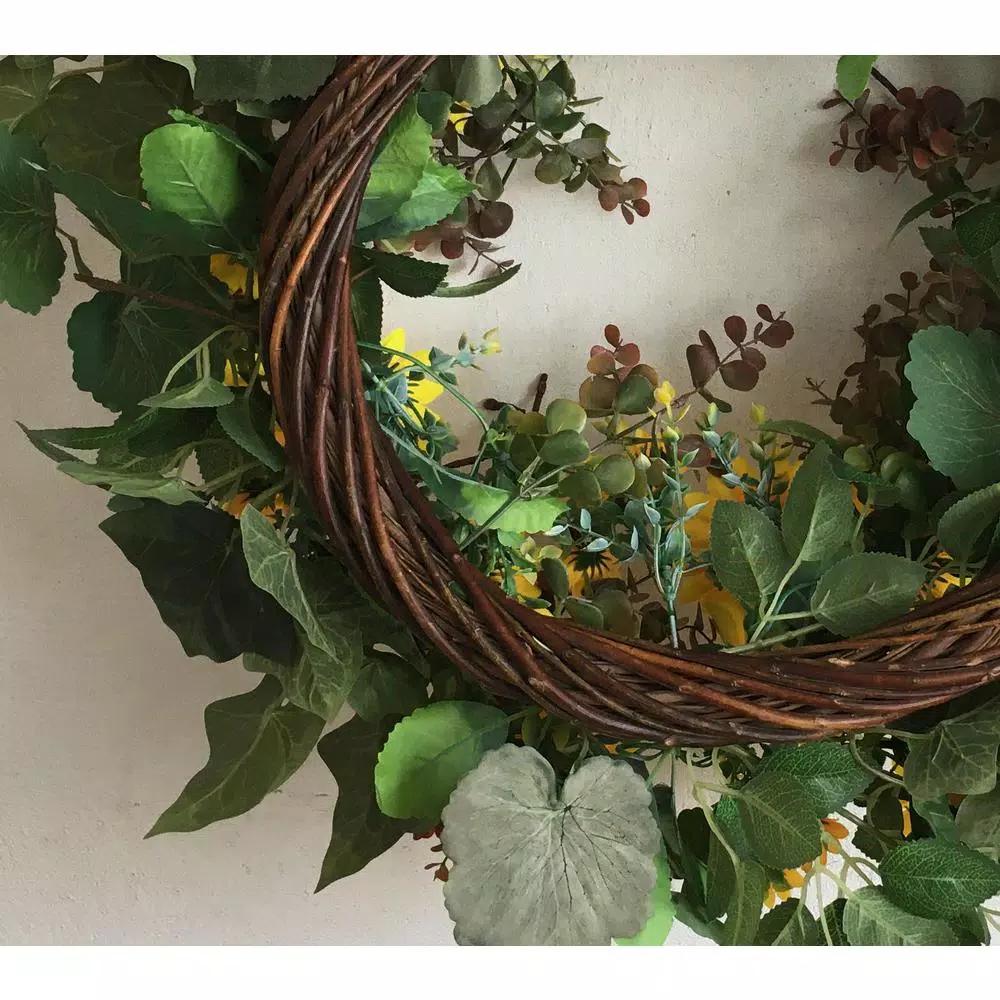 Glitzhome 24 in. Artificial Sunflower Wreath with Greenery and Grapevine Base