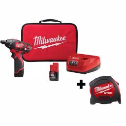 Milwaukee M12 12V Lithium-Ion Cordless 1/4 in. Hex Screwdriver Kit with Two 1.5Ah Batteries and 25 ft. Tape Measure thumbnail 1