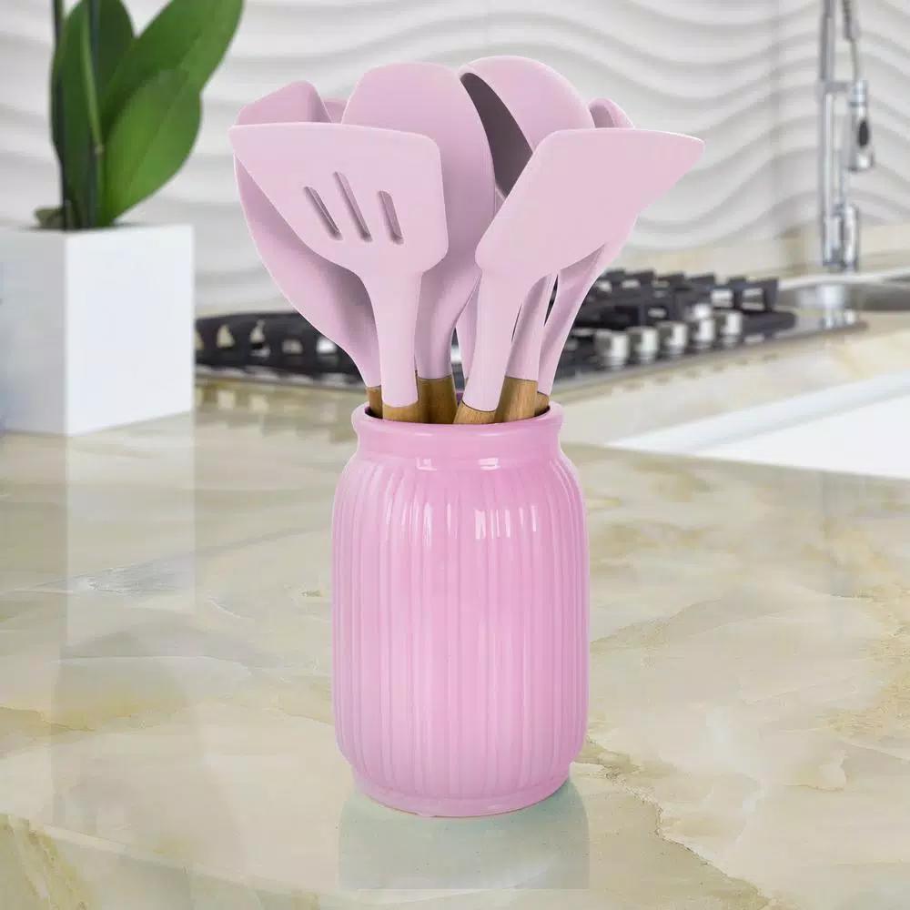 MegaChef 9-Piece Pink Silicone and Wood Kitchen Utensil Set with Ceramic Holder