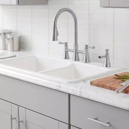 Glacier Bay Selma 2-Handle Bridge Kitchen Faucet with Pull-Down Sprayer and Soap Dispenser, Stainless Steel thumbnail 2