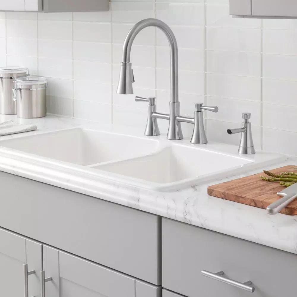 Glacier Bay Selma 2-Handle Bridge Kitchen Faucet with Pull-Down Sprayer and Soap Dispenser, Stainless Steel