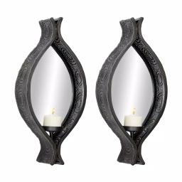 LITTON LANE Eclectic Black Metal Mesh Ellipse Wall Sconces with Mirror Inlays, Set of 2 thumbnail 2