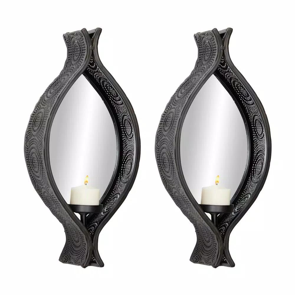 LITTON LANE Eclectic Black Metal Mesh Ellipse Wall Sconces with Mirror Inlays, Set of 2