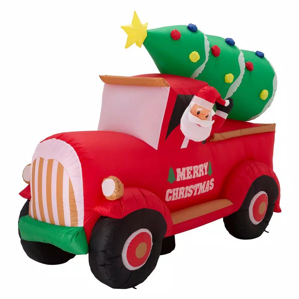 Glitzhome 7 ft. Santa Claus on Pick Up Truck Inflatable Christmas Decor with LED Lights