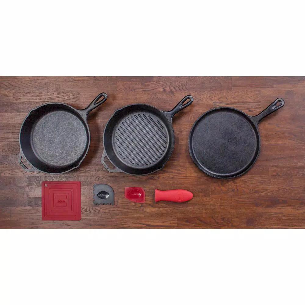 Lodge 7-Piece Seasoned Cast Iron Cookware Set with Griddle, Skillet, Grill Pan and Accessories