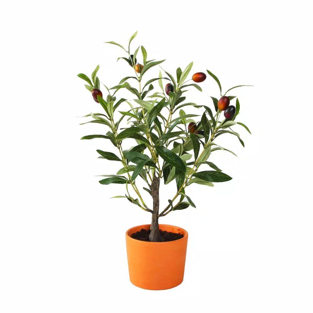 Flora Bunda 18 in. Artificial Olive Tree in Orange Terracotta Clay Pot