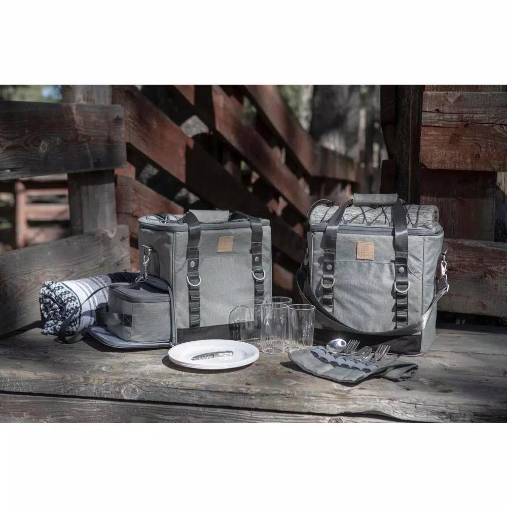 Picnic Time Frontier Heathered Gray Picnic Utility Cooler Bag with Meal Set for Four