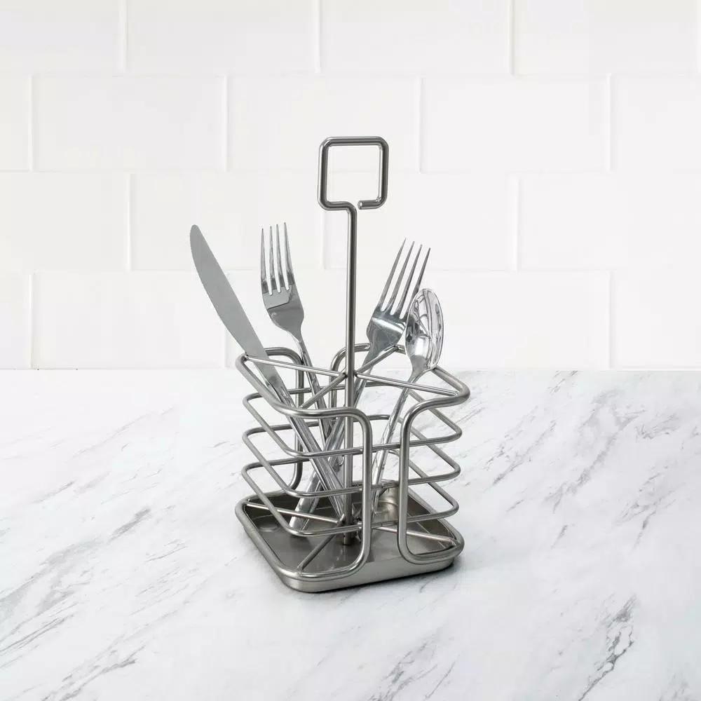 Spectrum Euro Kitchen Flatware & Silverware Organizer Caddy with Handle, Satin Nickel