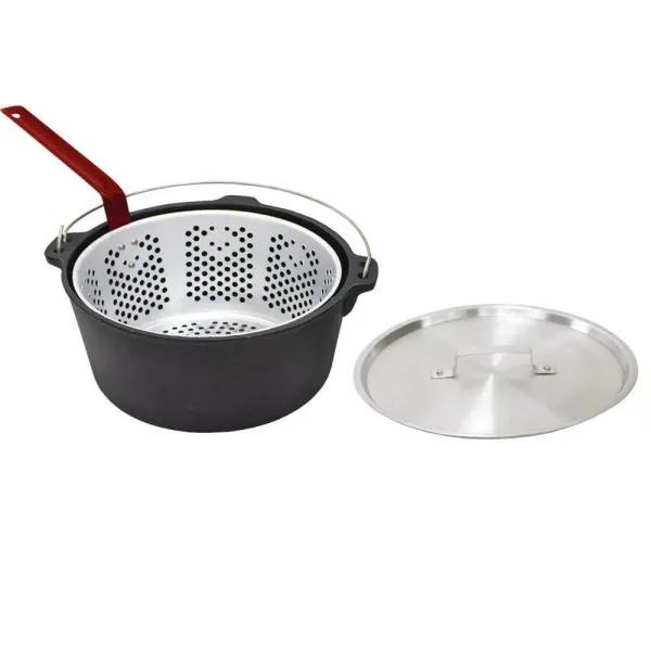 Chard 9 Qt. Cast Iron Stock Pot with Lid and Strainer Basket, Black