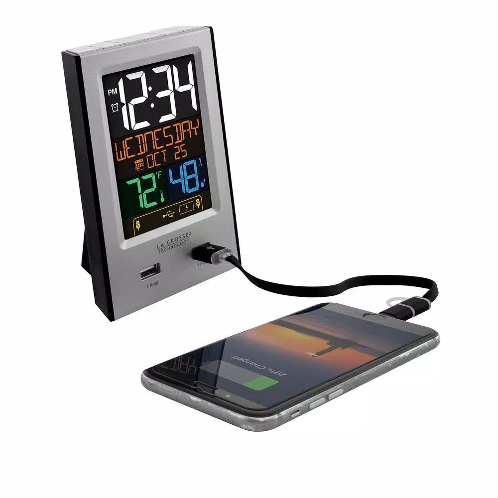 La Crosse Technology Digital Desktop Alarm Clock with Dual USB Charging Ports, Nap Timer, and Temperature/Humidity Display - Silver