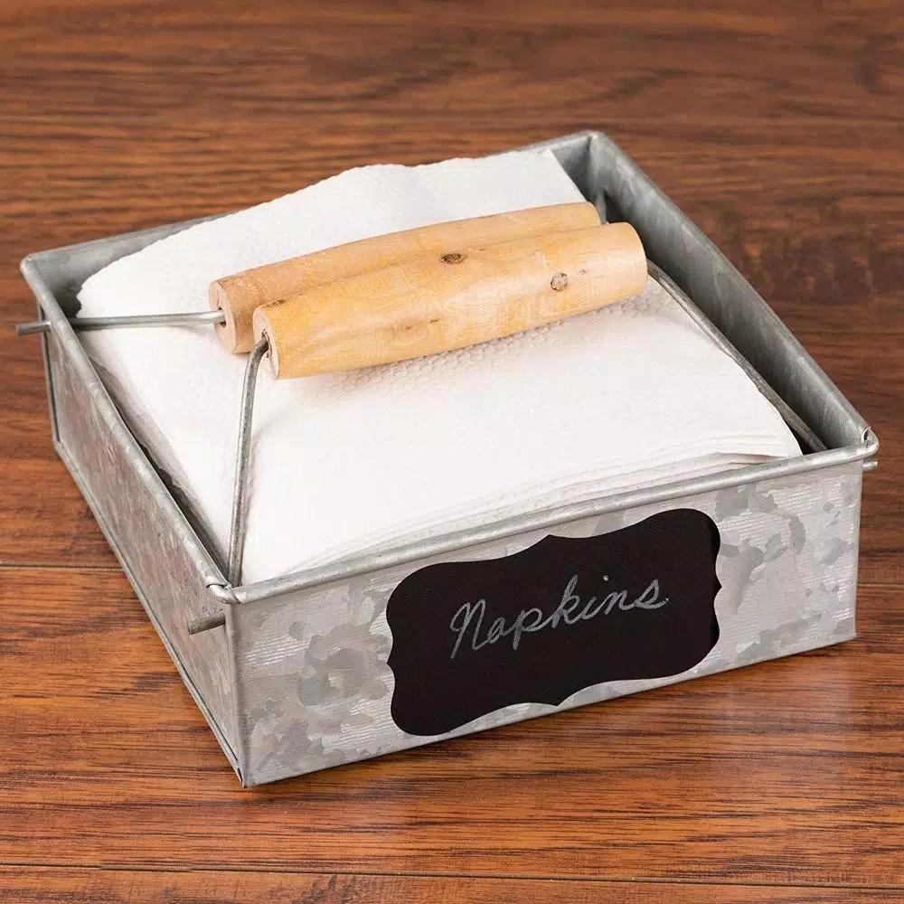 Benzara Galvanized Steel Napkin Holder with Wooden Handles, Rustic Gray Tabletop Decor