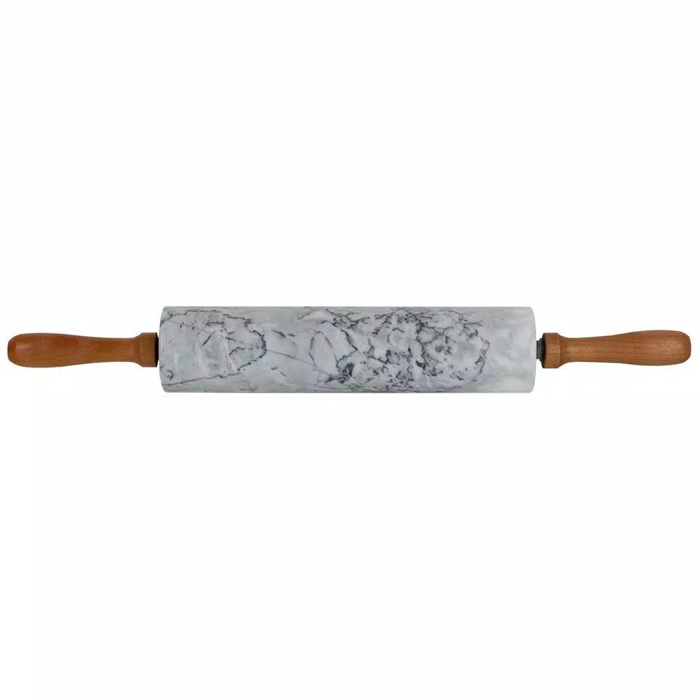 Unbranded White Marble Rolling Pin with Wooden Handles and Rolling Pin Rest