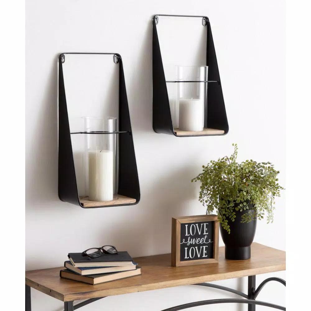 Kate and Laurel Blackwell Natural Wood and Black Metal Candle Sconce Set of 2