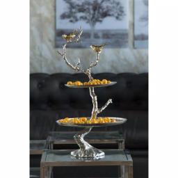 A & B Home Iron Branch Two-Tiered Silver Metal Serving Tray with Decorative Bird Accents thumbnail 2
