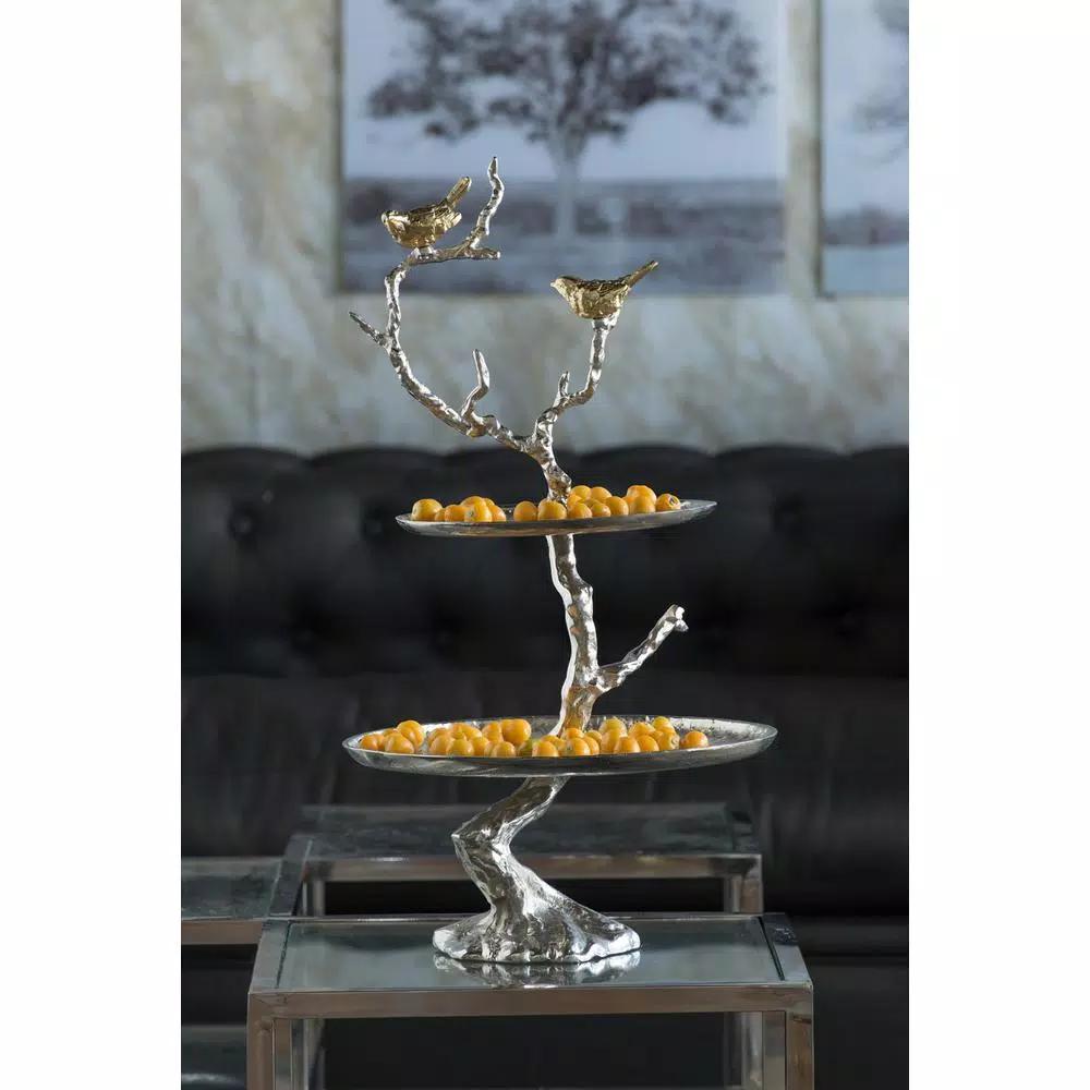 A & B Home Iron Branch Two-Tiered Silver Metal Serving Tray with Decorative Bird Accents