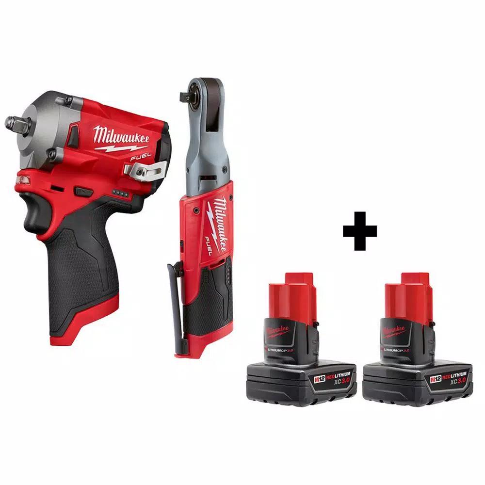 Milwaukee M12 FUEL 3/8 in. Stubby Impact Wrench & Ratchet Combo Kit with Two 3.0 Ah Batteries