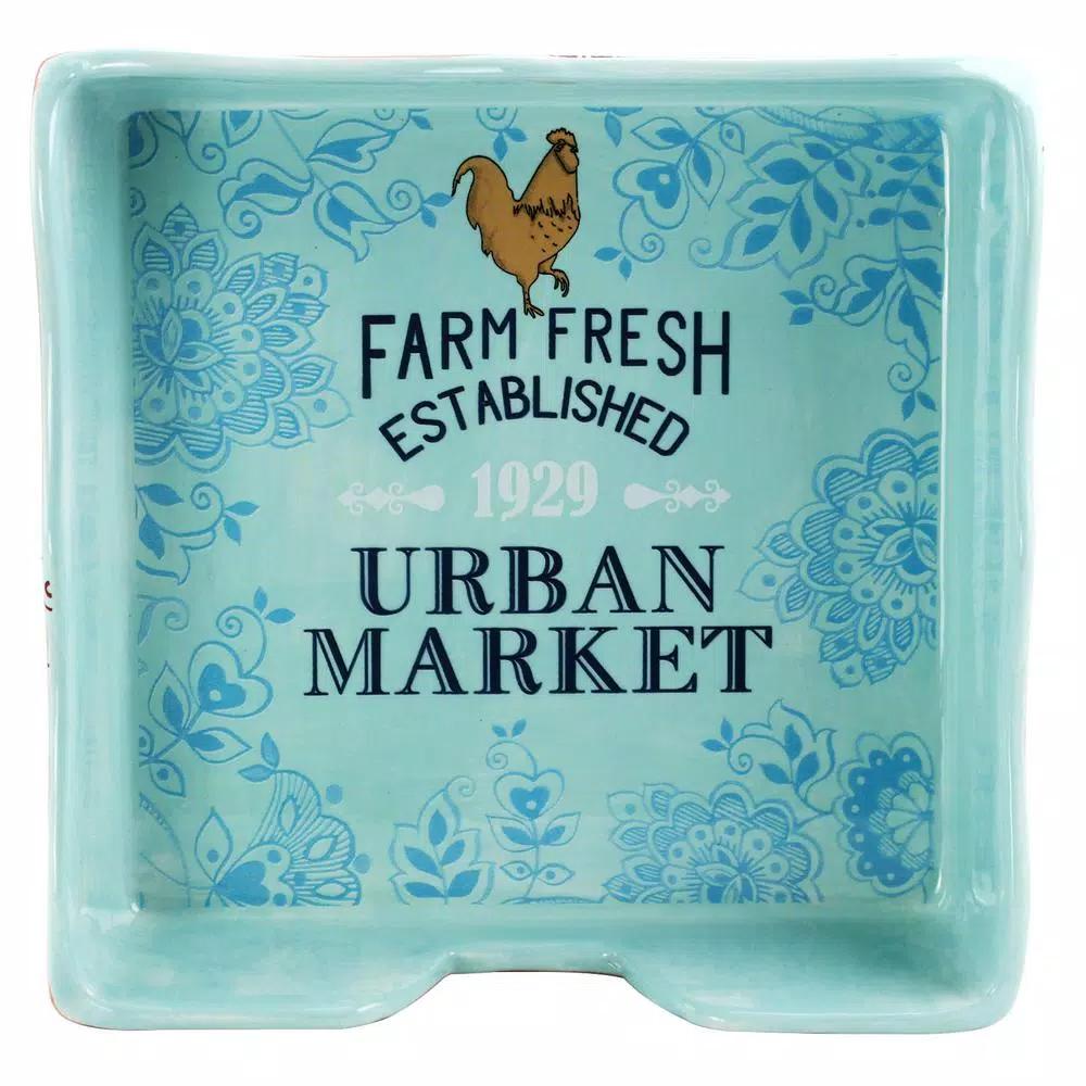 Urban Market Life On The Farm 10.2 in. Stoneware Napkin Holder - Coral and Blue Rooster Design