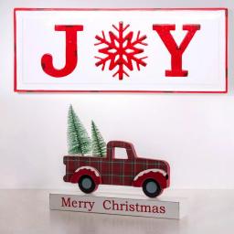 Glitzhome Merry Christmas Red Truck Wooden Table Decor with Christmas Trees thumbnail 1