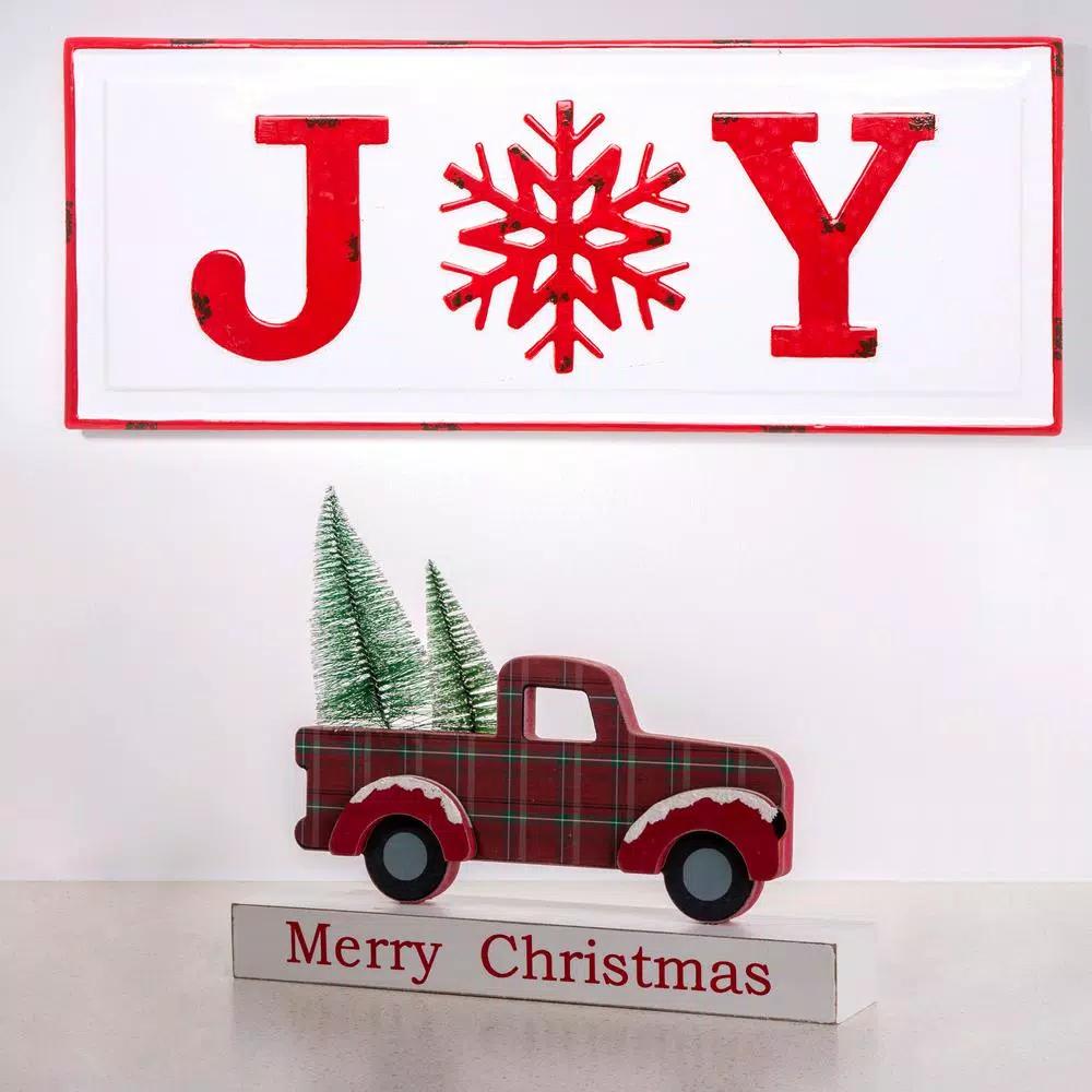 Glitzhome Merry Christmas Red Truck Wooden Table Decor with Christmas Trees