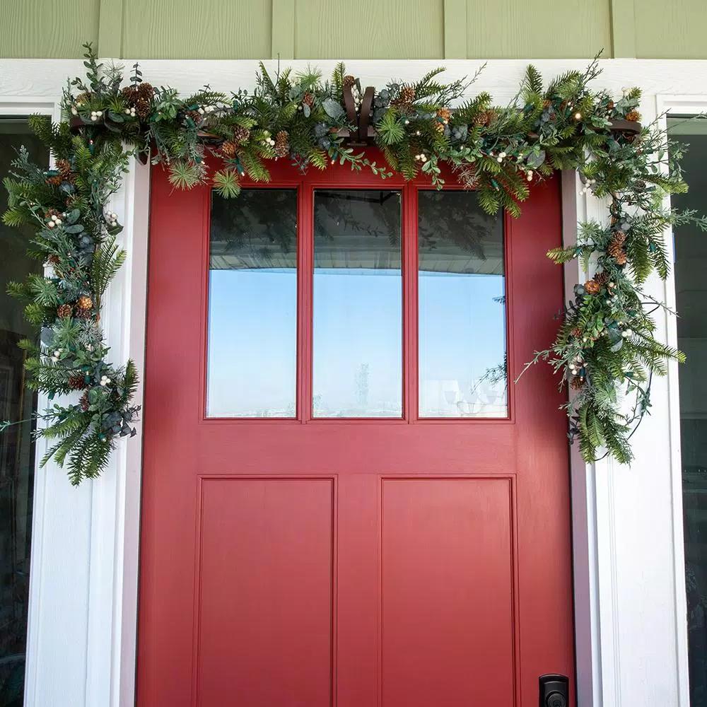 Village Lighting Company 9 ft. Pre-Lit LED Rustic White Berry Garland with Pinecones and Greenery