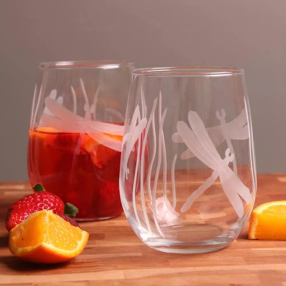 Rolf Glass Dragonfly 17 oz. Etched Stemless Wine Glass Set of 4, Clear Glassware