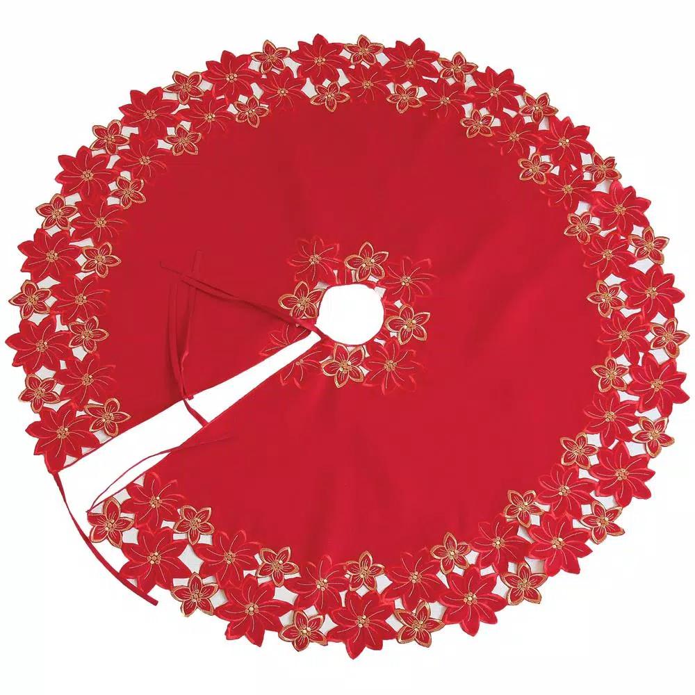 Xia Home Fashions 48 in. Festive Poinsettia Embroidered Cutwork Holiday Tree Skirt