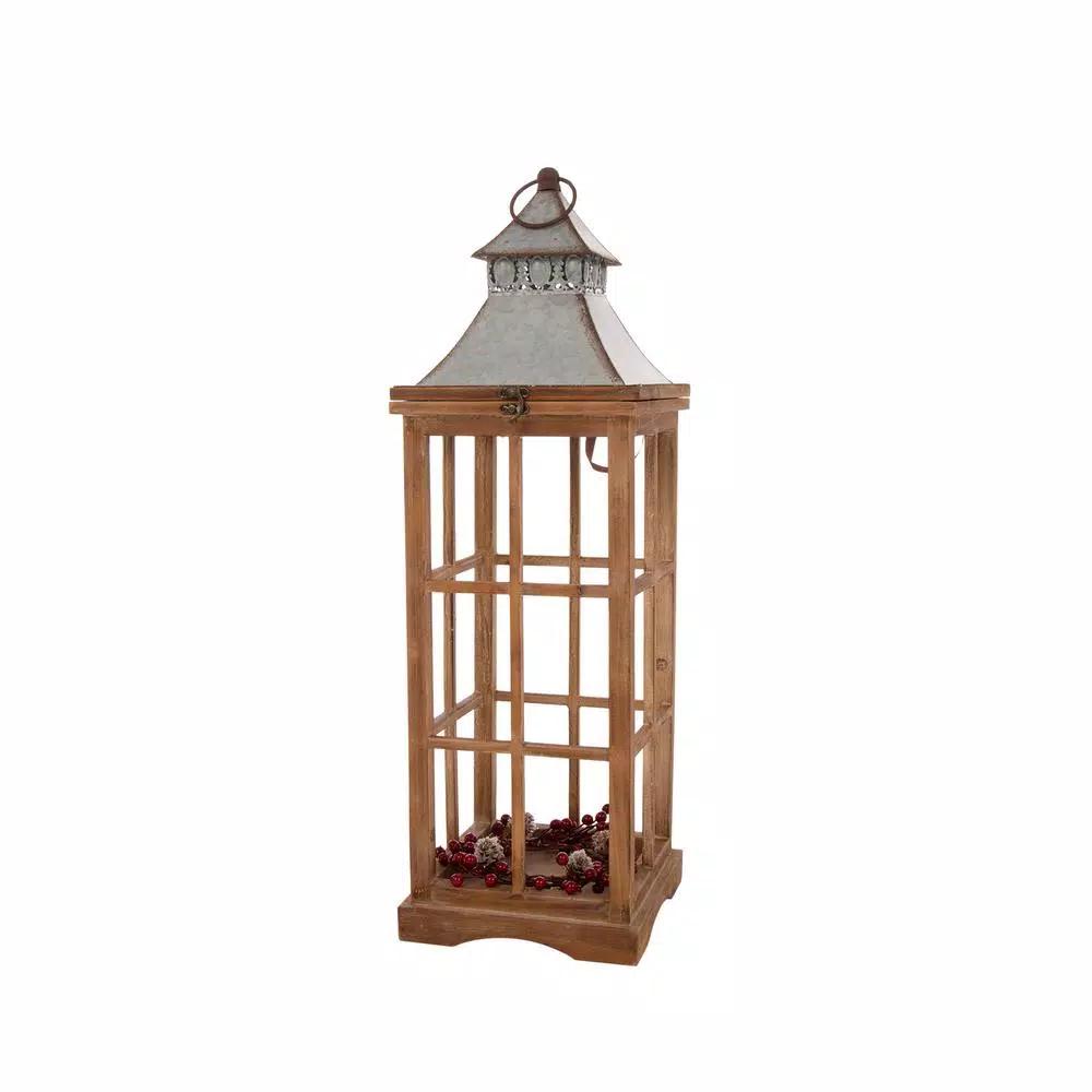 Glitzhome Brown Christmas Farmhouse Wood and Metal Lantern Set of 2