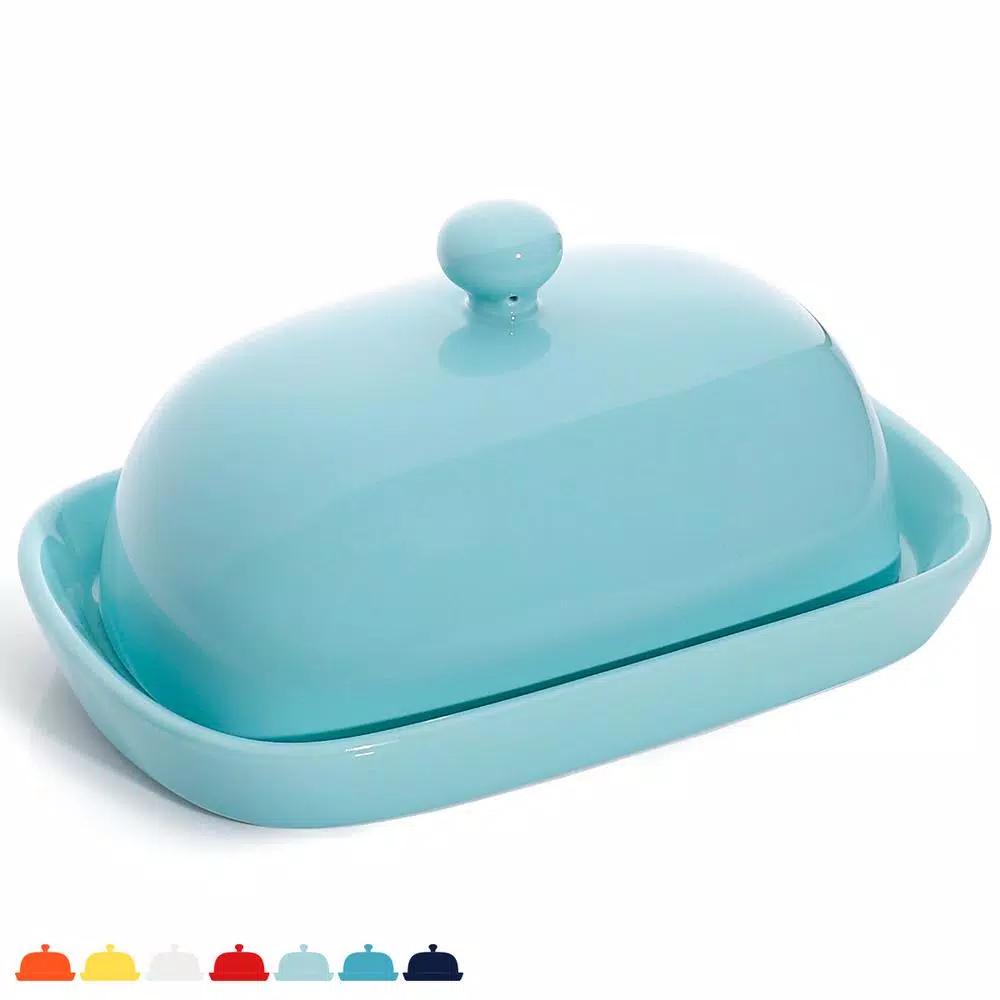 Sweese Porcelain Butter Dish with Lid - Turquoise, Modern Round Style