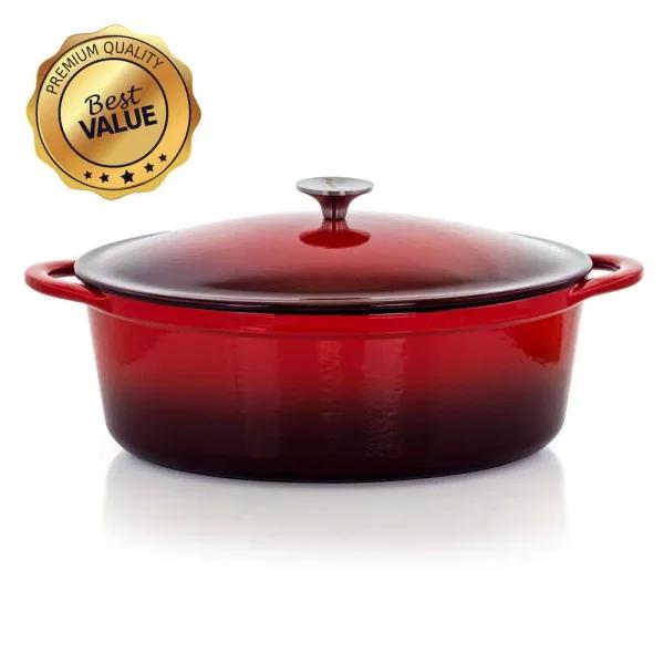 MegaChef 7 Qt. Oval Enameled Cast Iron Casserole Dish with Lid, Red