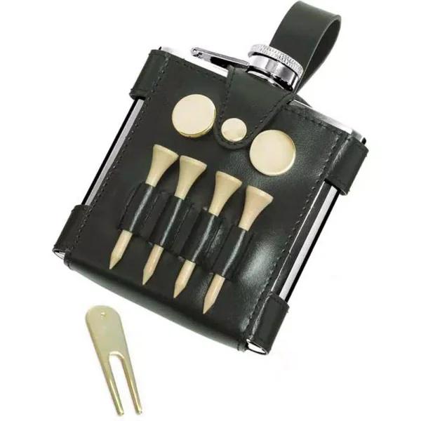 Visol GB 6 oz. Stainless Steel Hip Flask with Black Leather Wrap and Golf Accessory Kit