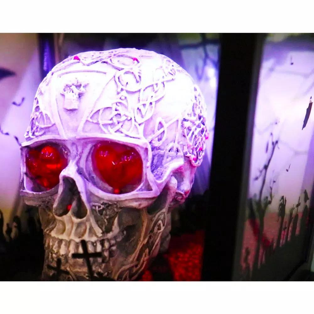 Haunted Hill Farm 71 in. Black Animated Skull Lamp Post with Spooky Music