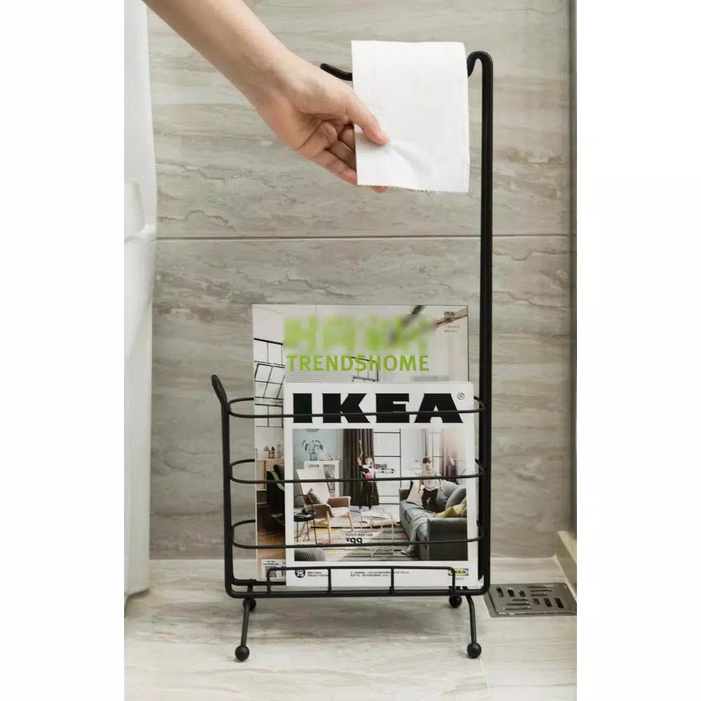 Basicwise Black Metal Toilet Paper Holder and Magazine Rack, Freestanding Dual-Purpose Bathroom Storage