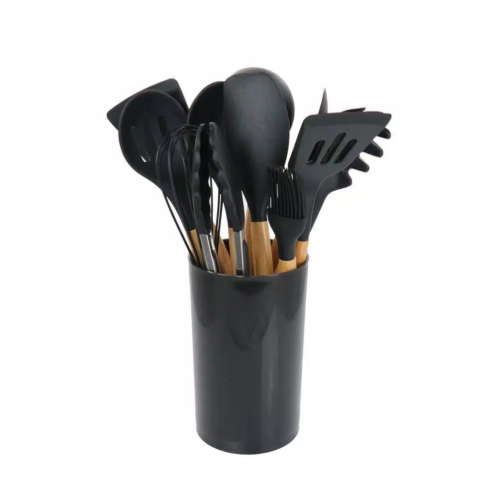 MegaChef 12-Piece Black Silicone and Wood Kitchen Utensil Set