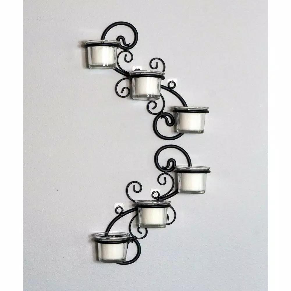 Stonebriar Collection Stonebriar Black Metal Ivy Swirl Candle Wall Sconce Set of 2