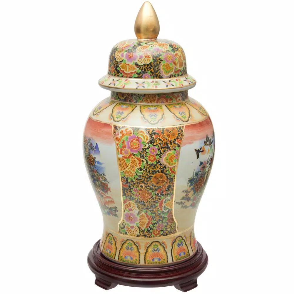 Unbranded Oriental Furniture 18 in. Rose Medallion Satsuma Peacock Porcelain Temple Jar