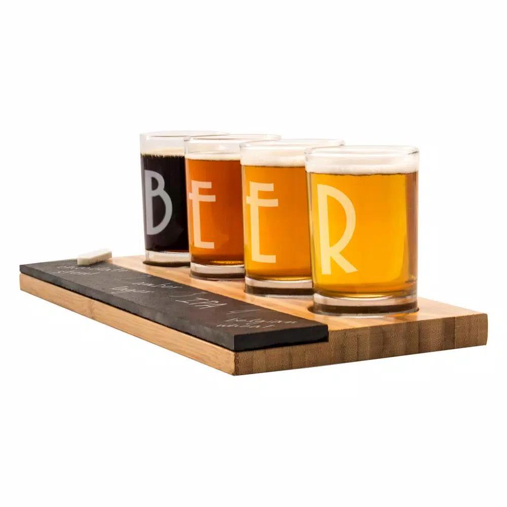 Cathy's Concepts Bamboo and Slate Craft Beer Tasting Flight Set with 4 Engraved 5.5 oz. Taster Glasses