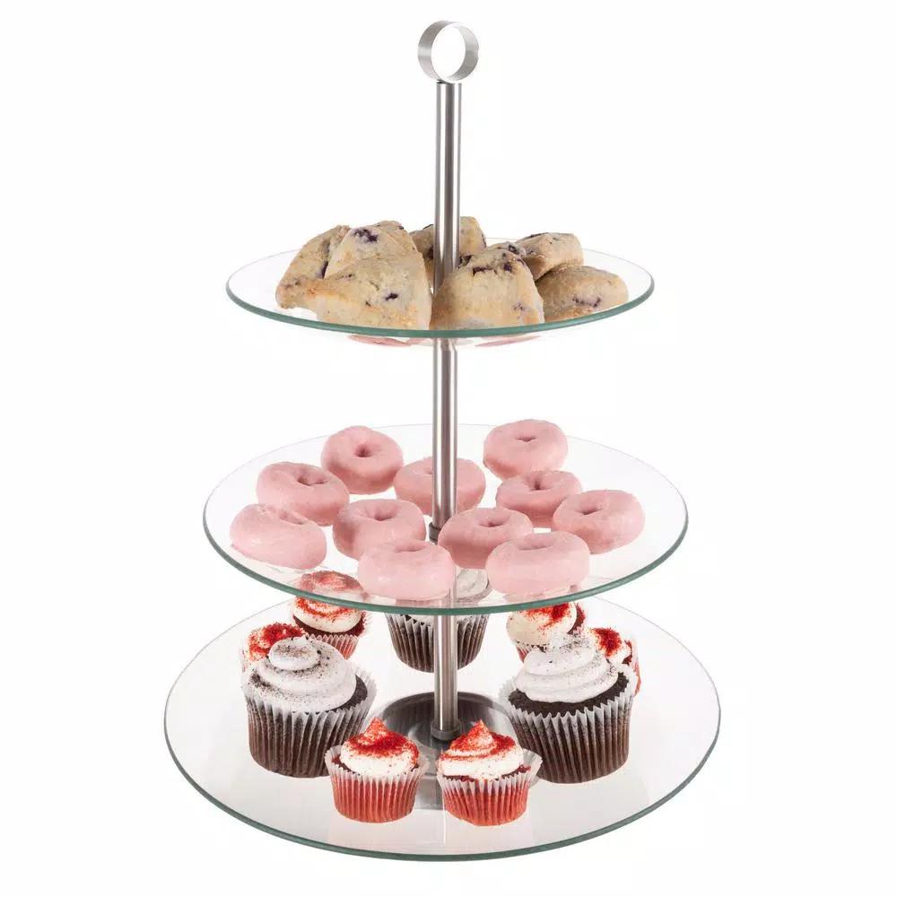 Classic Cuisine 3-Tier Round Tempered Glass Dessert Tray with Stainless Steel Base (5 Per Case)