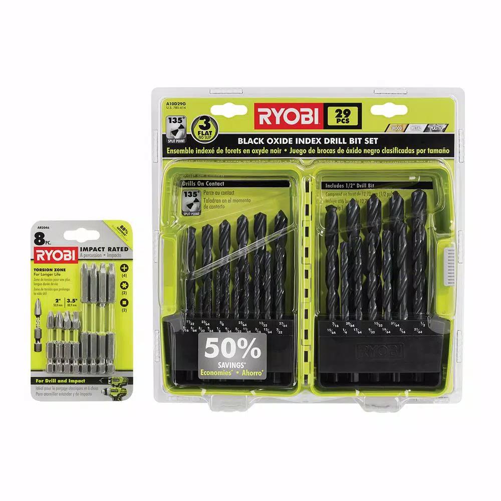 RYOBI 37-Piece Black Oxide Index Drill Bit Set with Bonus 8-Piece Impact Rated Driving Kit