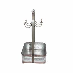 Benzara Rustic Galvanized Metal 6-Hook Crockery Holder with Wooden Handle thumbnail 2