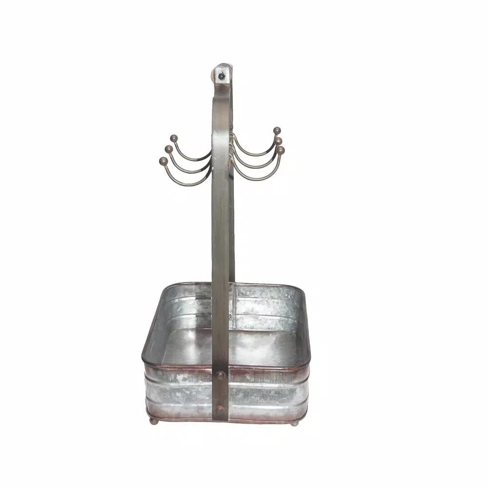 Benzara Rustic Galvanized Metal 6-Hook Crockery Holder with Wooden Handle