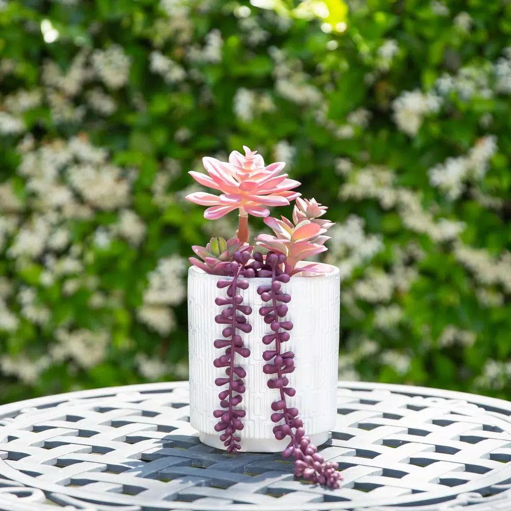 Flora Bunda 11.5 in. Pink Artificial Succulent in 5 in. White Greco Ceramic Pot
