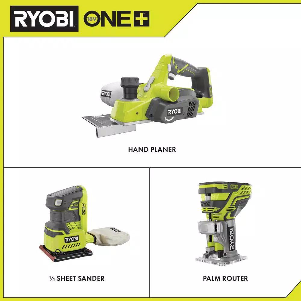 RYOBI 18V ONE+ 3-1/4 in. Planer, 1/4 Sheet Sander, and Fixed Base Trim Router Combo Kit (Tools Only)