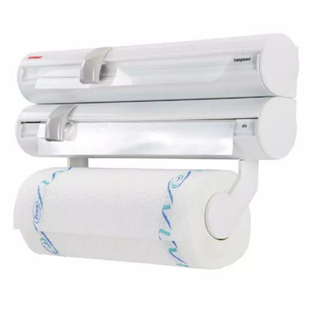 HOUSEHOLD ESSENTIALS Leifheit Wall Mount White Paper Towel Holder and Dual Foil/Plastic Wrap Dispenser